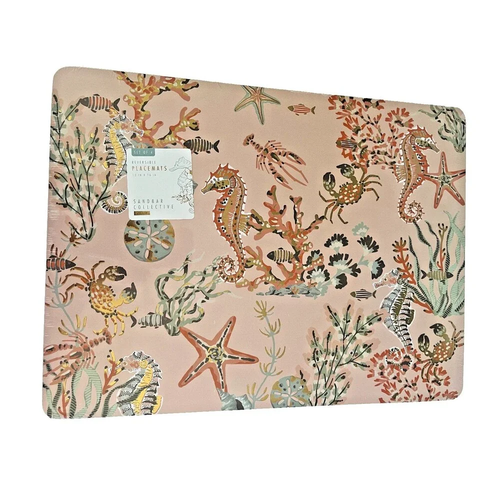 Envogue Cork Placemats Set Of 4 Pink Teal Reversible Starfish Seahorse 12x16